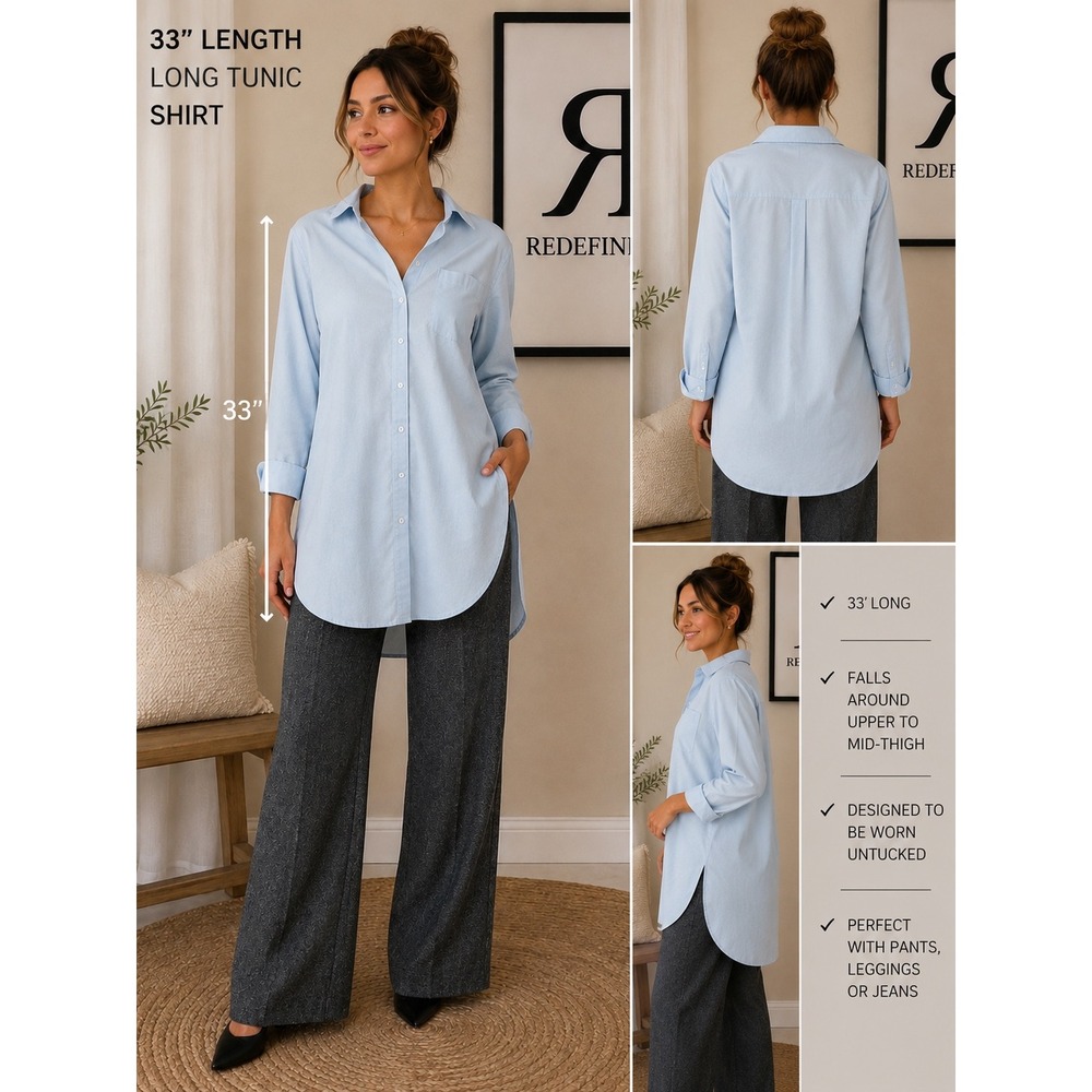 Crown & Ivy Womens Blue Cotton Tunic Shirt Long Sleeve Button Down Size M 33in